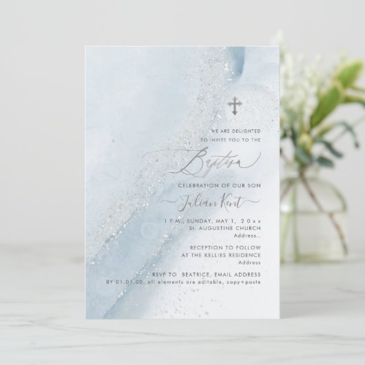 PixDezinesアルコール+インクダスティブルーシルバー洗礼 招待状 (スタンド正面)