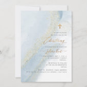 PixDezinesアルコール+インクダスティブルー金ゴールド《キリスト教》洗礼式や命名式 招待状 (正面)