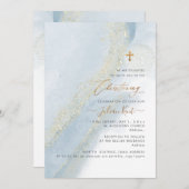 PixDezinesアルコール+インクダスティブルー金ゴールド《キリスト教》洗礼式や命名式 招待状 (正面/裏面)