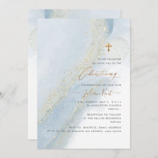 PixDezinesアルコール+インクダスティブルー金ゴールド《キリスト教》洗礼式や命名式 招待状 (正面/裏面)