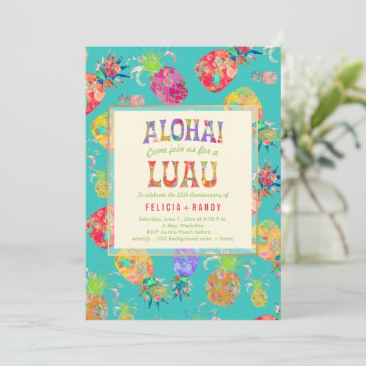 PixDezinesアロハハワイアンパイナップル/DIYティール(緑がかった色) 招待状 (スタンド正面)