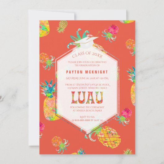 PixDezinesアロハパイナップルの卒業ルアウ(ハワイ式宴会) 招待状 (裏面)