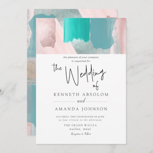 PixDezinesウォーターカラーアクアバラ金ゴールドセージティール（緑がかった色） 招待状 (正面/裏面)