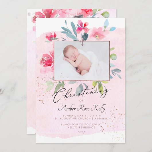 PixDezinesウォーターカラーガーデオンバラ《キリスト教》洗礼式や命名式 招待状 (正面/裏面)