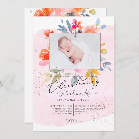 PixDezinesウォーターカラーガーデンバラ《キリスト教》洗礼式や命名式 招待状 (正面/裏面)