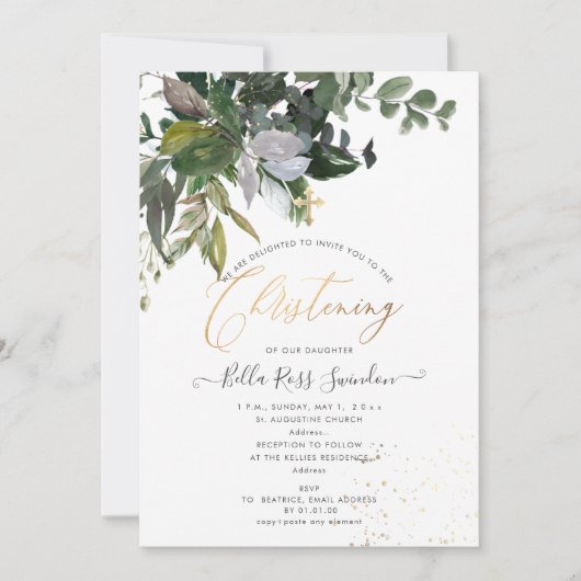 PixDezinesウォーターカラーグリーンリー《キリスト教》洗礼式や命名式 招待状 (正面)