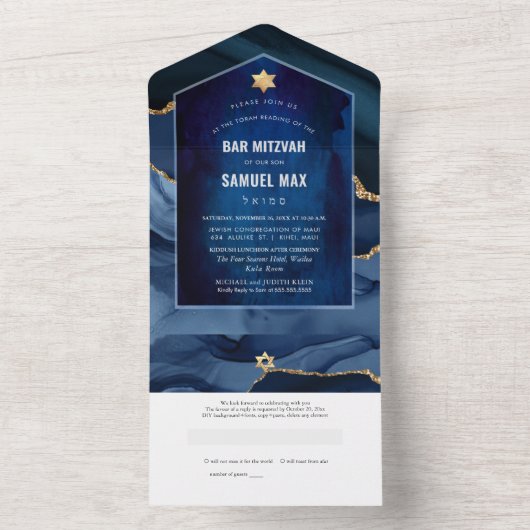 PixDezinesウォーターカラーゲート石板ブルーバー(ユダヤ教の)バル・ミツバー オールインワン招待状 (内側)