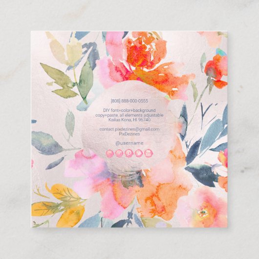 PixDezinesウォーターカラーサマーガーデンバラ スクエア名刺 (裏面)
