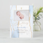 PixDezinesウォーターカラーブルーアゲート《キリスト教》洗礼式や命名式 招待状 (スタンド正面)