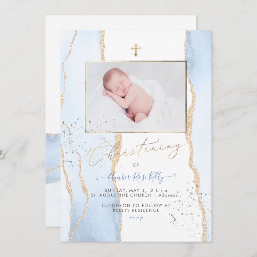 PixDezinesウォーターカラーブルーアゲート《キリスト教》洗礼式や命名式 招待状 (正面/裏面)