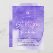 PixDezinesウォーターカラーラベンダーパープルバルミツワー 招待状 (正面/裏面)