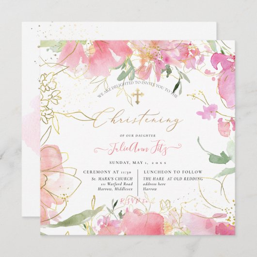 PixDezinesウォーターカラー赤面スイートピース《キリスト教》洗礼式や命名式 招待状 (正面/裏面)