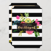 PixDezinesウォーターカラー/フローラ/ストライプバルミツワー 招待状 (正面/裏面)