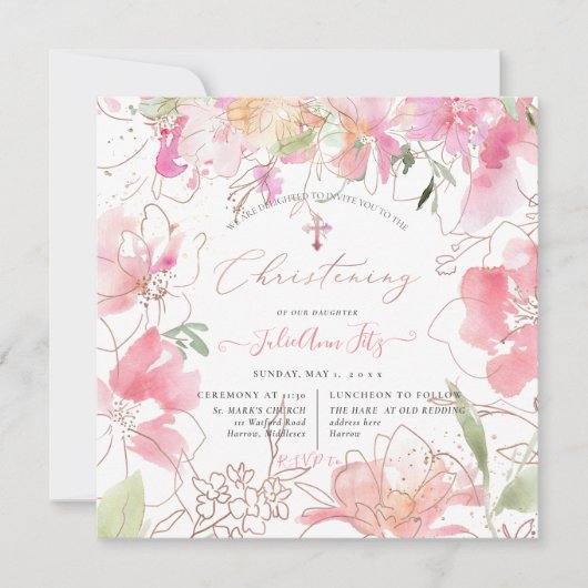 PixDezinesウオーターカラー赤面スウィートピーズ《キリスト教》洗礼式や命名式 招待状 (正面)