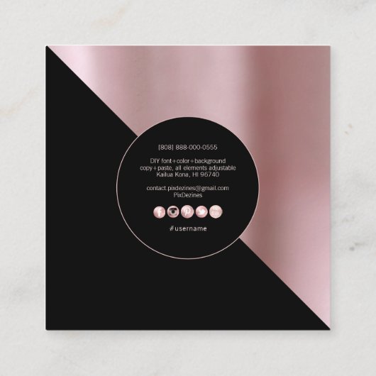 PixDezinesエレガントフェイクバラ金ゴールド+黒 スクエア名刺 (裏面)