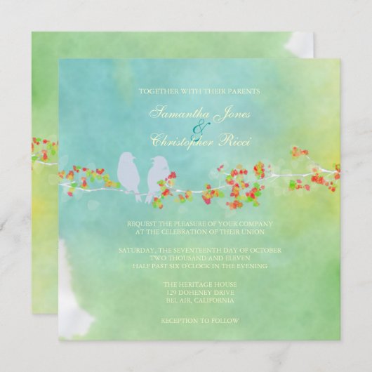 PixDezinesオリジナルラブバードオン水色 招待状 (正面/裏面)