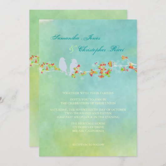 PixDezinesオリジナルラブバードオン水色 招待状 (正面/裏面)