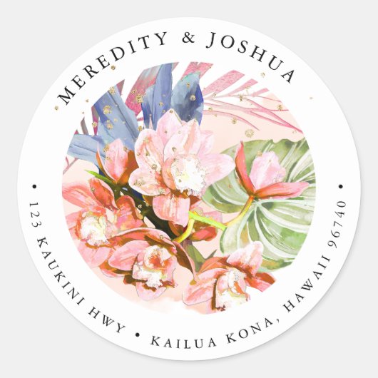 PixDezinesオレンジシンビジウムオーキッドシルバーリーフ ラウンドシール (正面)