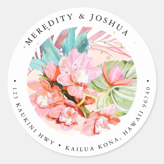 PixDezinesオレンジシンビジウムオーキッドシルバーリーフ ラウンドシール (正面)