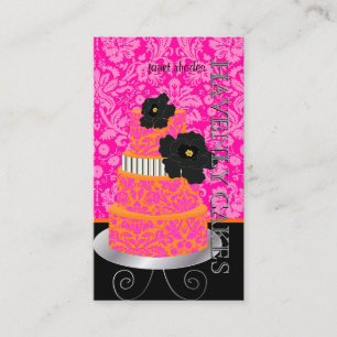 PixDezinesオレンジ+ホットピンクダマスクケーキ/パティシセリ 名刺