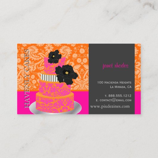 PixDezinesオレンジ+ホットピンクダマスクケーキ/パティシセリ 名刺 (裏面)