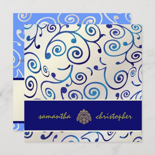 PixDezinesカップケーキが青と真珠で渦巻く 招待状 (正面/裏面)