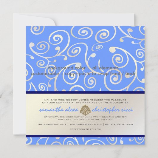 PixDezinesカップケーキが青と真珠で渦巻く 招待状 (裏面)