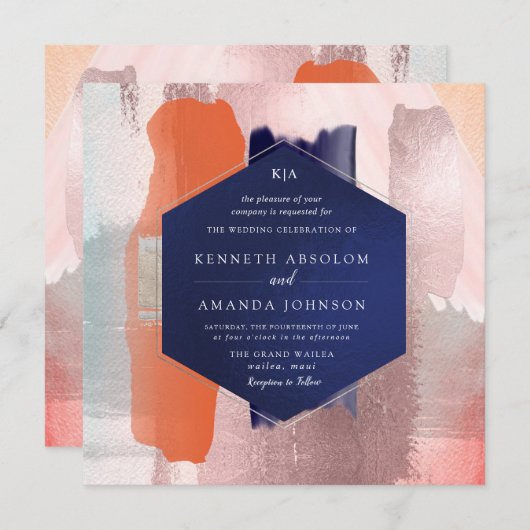 PixDezinesカラーブロックアモダンートコーラル赤面海軍 招待状 (正面/裏面)