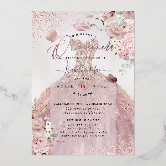 PixDezinesキンセアニェラダスティバラ金ゴールドガウン 箔招待状 (裏面)