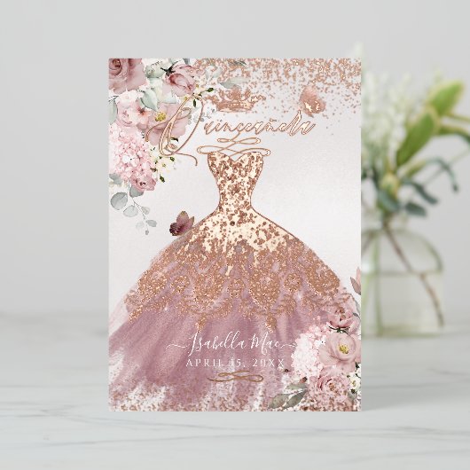 PixDezinesキンセアニェラダスティバラ金ゴールドガウン 箔招待状 (立ち正面)