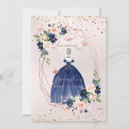 PixDezinesキンセアニェラネイビーバラ金ゴールドH2フラワーズ 招待状 (正面)