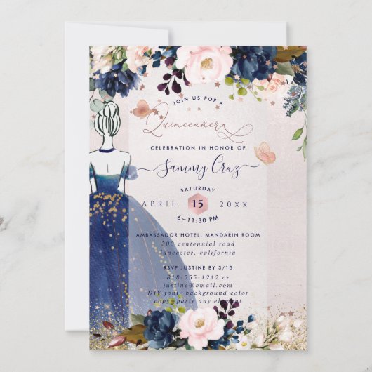 PixDezinesキンセアニェラネイビーバラ金ゴールドH2フラワーズ 招待状 (裏面)