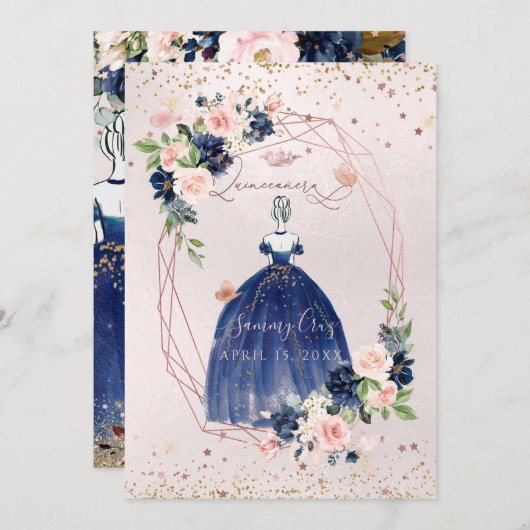 PixDezinesキンセアニェラネイビーバラ金ゴールドH2フラワーズ 招待状 (正面/裏面)