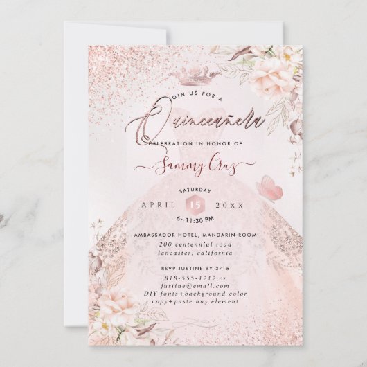 PixDezinesキンセアニェラバラ金ゴールドグリッターガウン 招待状 (裏面)