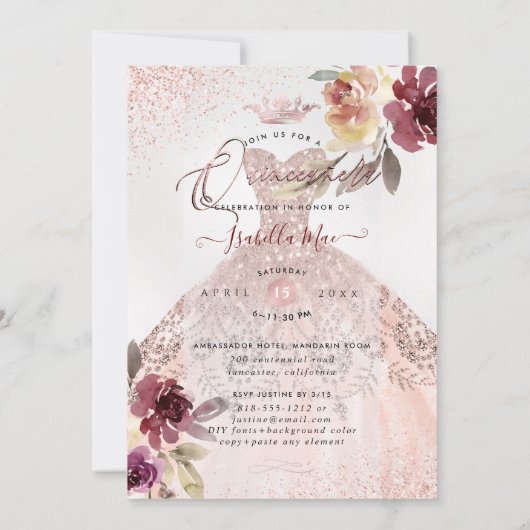 PixDezinesキンセアニェラバラ金ゴールドグリッターガウン 招待状 (裏面)