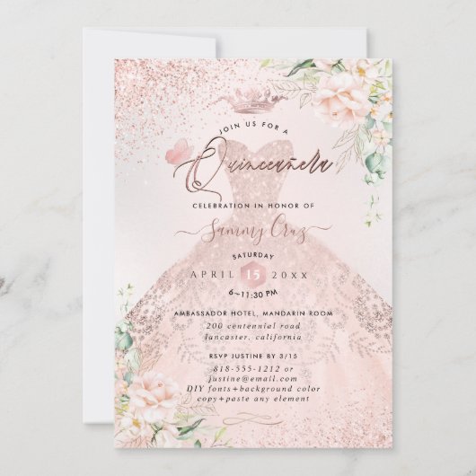 PixDezinesキンセアニェラバラ金ゴールドグリッターガウン 招待状 (裏面)