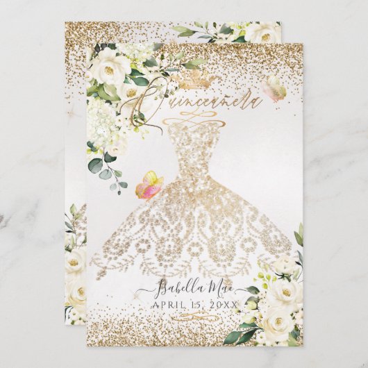 PixDezinesキンセアニェラホワイト金ゴールドグリッターガウン 招待状 (正面/裏面)