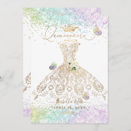 PixDezinesキンセアニェラ白金ゴールドガウン蝶 招待状 (正面/裏面)