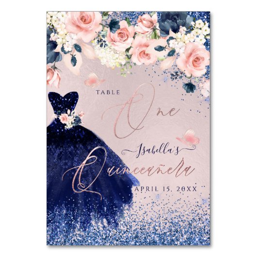 PixDezinesキンセアニェラ赤面ネイビーグリッターガウンDIY テーブルナンバー (正面)