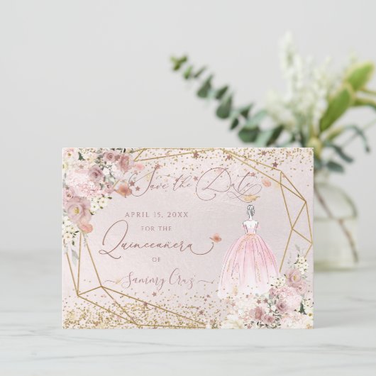 PixDezinesキンセアニェラ赤面ピンク日付を保存 招待状 (スタンド正面)