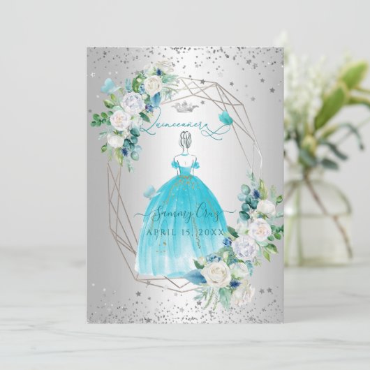PixDezinesキンセアニェラH2フラワーアクアブルードレス 招待状 (スタンド正面)