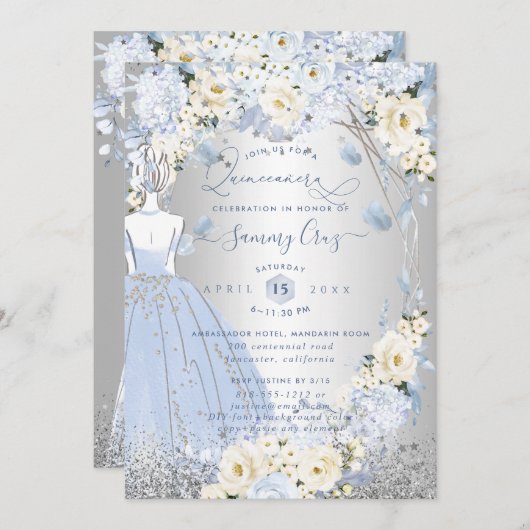 PixDezinesキンセアニェラH2花ほこりっぽいブルーバラ 招待状 (正面/裏面)