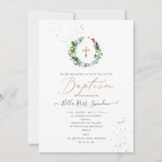 PixDezinesグリーンリーウォーターカラーウィンターリース 招待状 (正面)