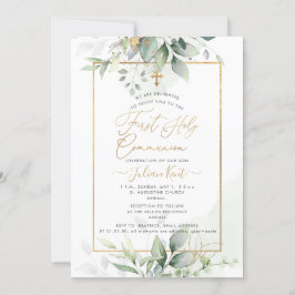 PixDezinesグリーン金ゴールドユーカリ第1回聖餐会 招待状