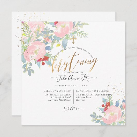 PixDezinesコテージウォーターカラーフラワー《キリスト教》洗礼式や命名式 招待状 (正面/裏面)
