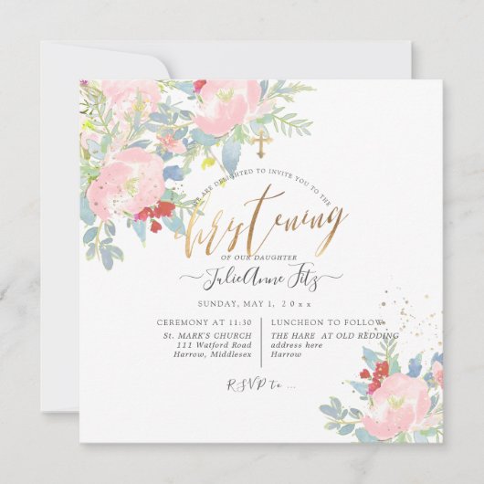 PixDezinesコテージウォーターカラーフラワー《キリスト教》洗礼式や命名式 招待状 (正面)