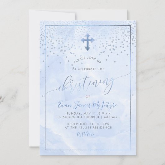 PixDezinesコーンフラワーブルーマーブル《キリスト教》洗礼式や命名式 招待状 (正面)