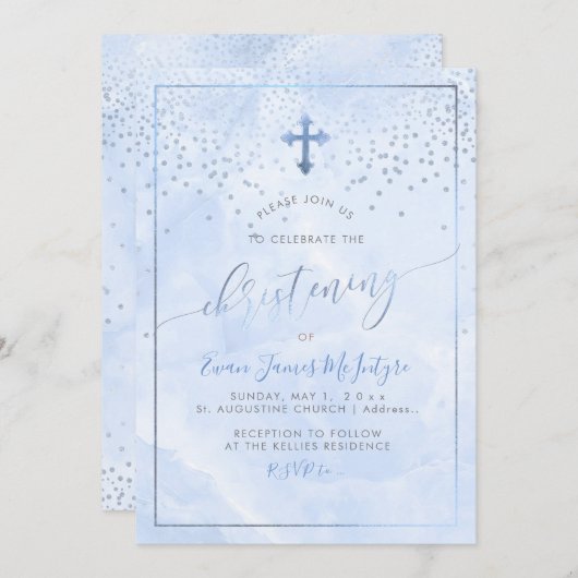 PixDezinesコーンフラワーブルーマーブル《キリスト教》洗礼式や命名式 招待状 (正面/裏面)