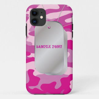 PixDezinesサッシーピンク迷彩柄+犬+ラベル iPhone 11 ケース