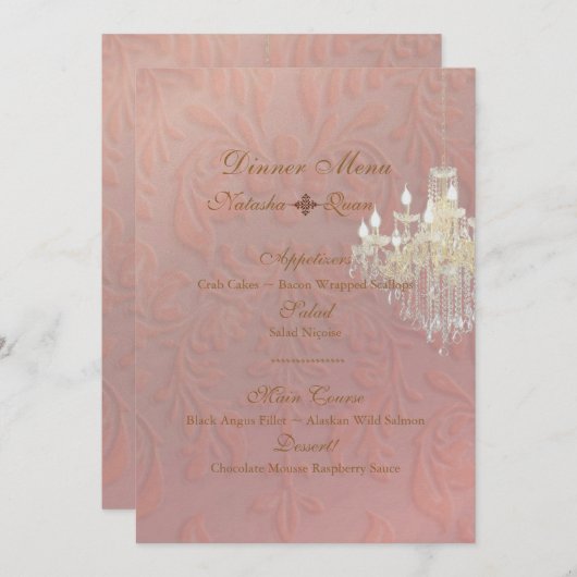 PixDezinesシャンデリア+ダマスク/ピンクシャンパン メニュー (正面/裏面)